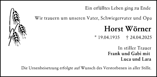 Traueranzeige von Horst Wörner von Allgemeine Zeitung Mainz