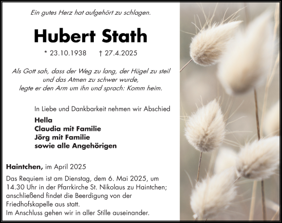 Traueranzeige von Hubert Stath von Camberger Anzeiger