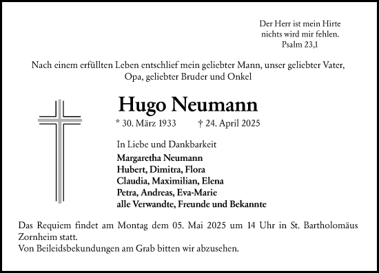 Traueranzeige von Hugo Neumann von Allgemeine Zeitung Mainz