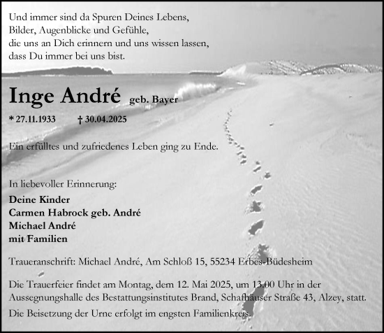 Traueranzeige von Inge Andre von Allgemeine Zeitung Alzey