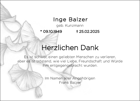 Traueranzeige von Inge Balzer von Hinterländer Anzeiger