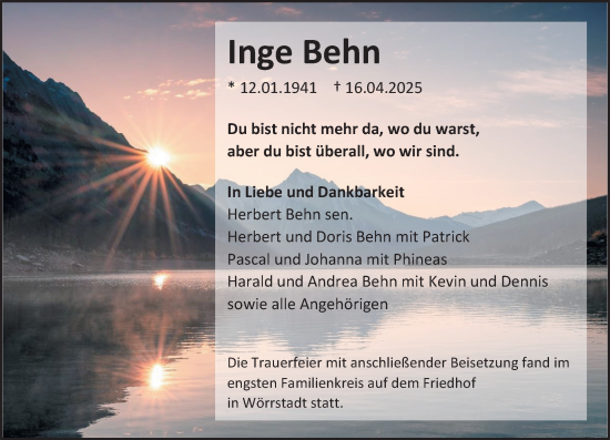 Traueranzeige von Inge Behn von Allgemeine Zeitung Alzey