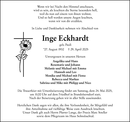 Traueranzeige von Inge Eckhardt von Wetzlarer Neue Zeitung