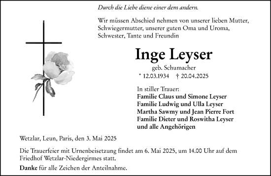 Traueranzeige von Inge Leyser von Wetzlarer Neue Zeitung