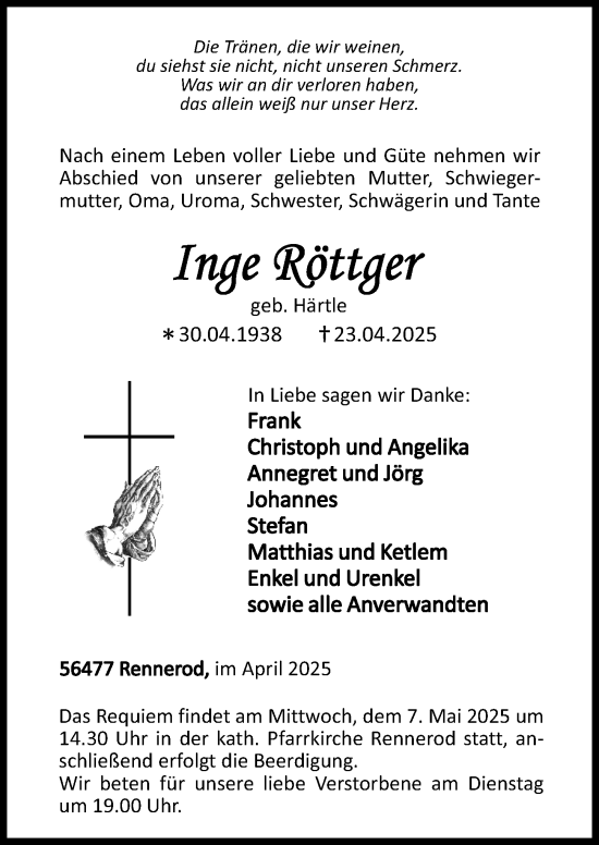 Traueranzeige von Inge Röttger von Nassauische Neue Presse