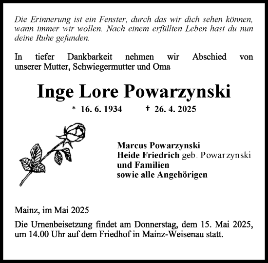 Traueranzeige von Inge Lore Powarzynski von Allgemeine Zeitung Mainz