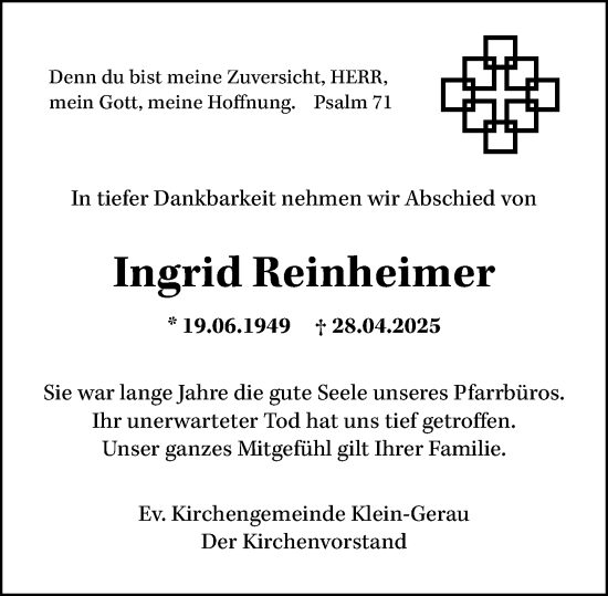 Traueranzeige von Ingrid Reinheimer von Groß-Gerauer Echo
