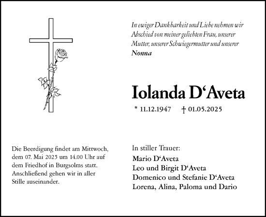 Traueranzeige von Iolanda DAveta von Wetzlarer Neue Zeitung