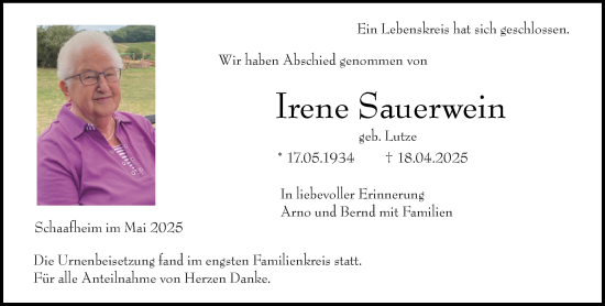 Traueranzeige von Irene Sauerwein von Darmstädter Echo