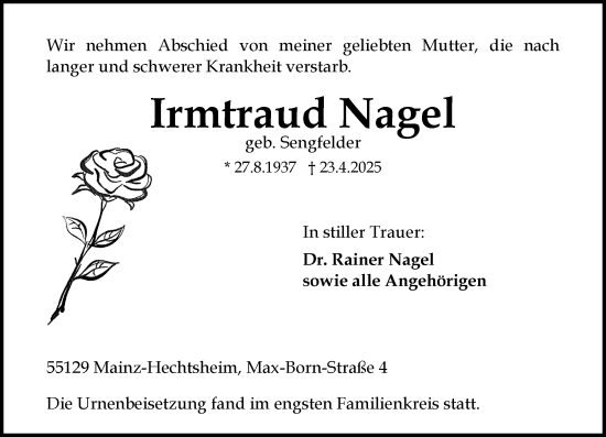 Traueranzeige von Irmtraud Nagel von Allgemeine Zeitung Mainz