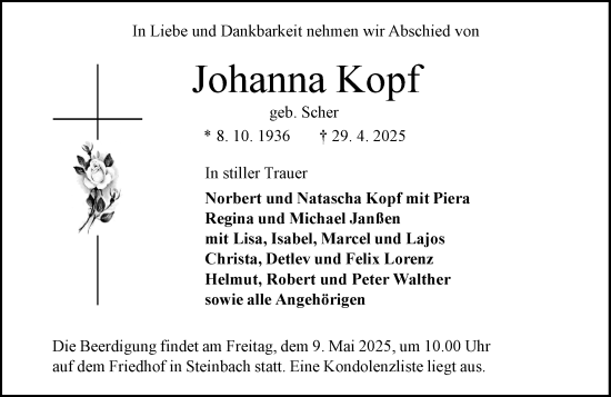 Traueranzeige von Johanna Kopf von Odenwälder Echo