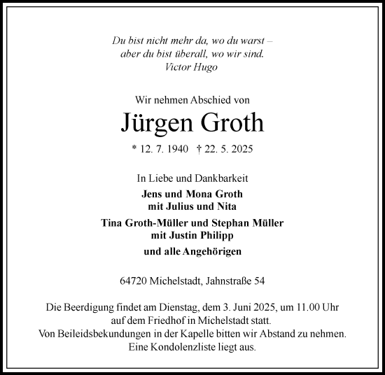 Traueranzeige von Jürgen Groth von Odenwälder Echo