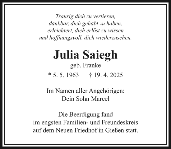 Traueranzeige von Julia Saiegh von Wetzlarer Neue Zeitung