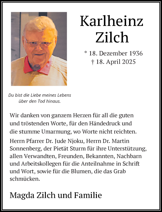 Traueranzeige von Karlheinz Zilch von Dieburger Anzeiger/Groß-Zimmerner Lokal-Anzeiger