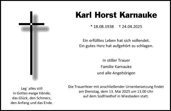 Traueranzeige von Karl Horst Karnauke von Wiesbadener Kurier