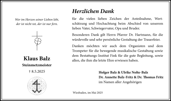 Traueranzeige von Klaus Balz von Wiesbadener Kurier
