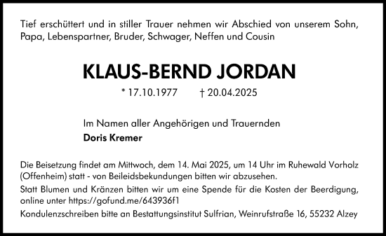 Traueranzeige von Klaus-Bernd Jordan von Allgemeine Zeitung Alzey