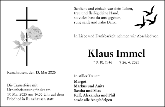 Traueranzeige von Klaus Immel von Hinterländer Anzeiger