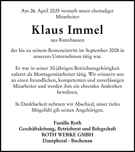 Traueranzeige von Klaus Immel von Hinterländer Anzeiger