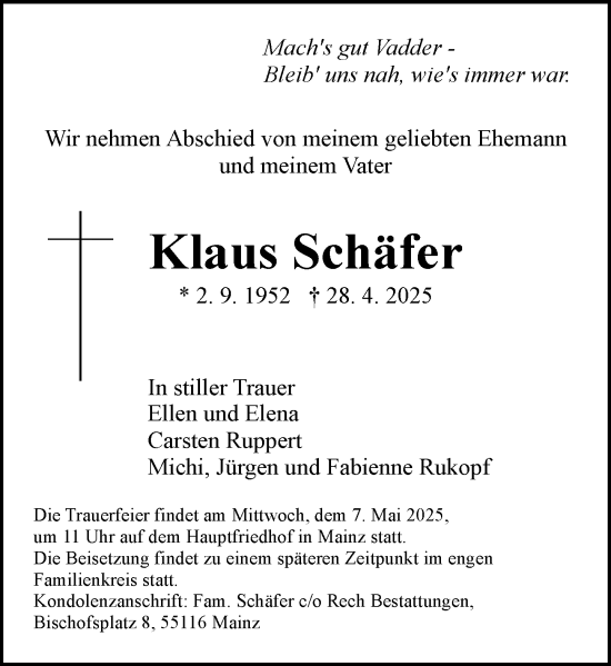 Traueranzeige von Klaus Schäfer von Allgemeine Zeitung Mainz