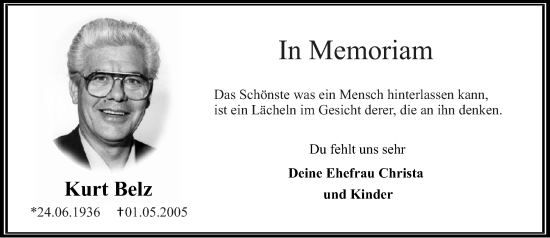 Traueranzeige von Kurt Belz von Allgemeine Zeitung Mainz