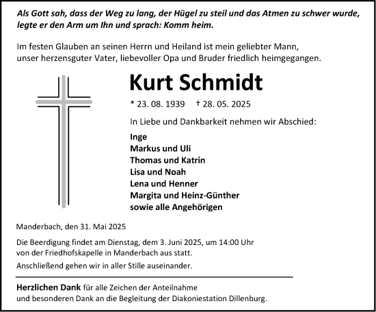 Traueranzeige von Kurt Schmidt von Dill Block