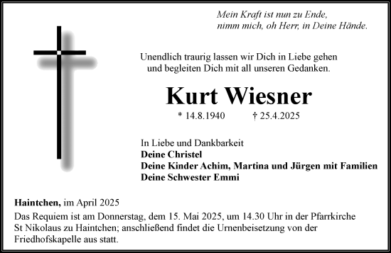 Traueranzeige von Kurt Wiesner von Camberger Anzeiger