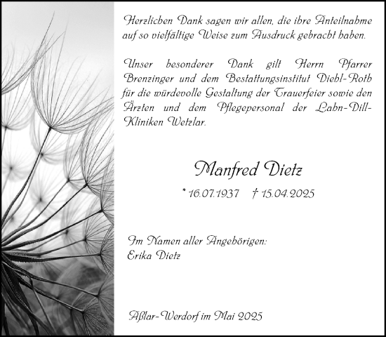 Traueranzeige von Manfred Dietz von Wetzlarer Neue Zeitung
