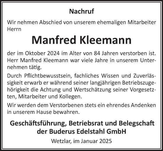 Traueranzeige von Manfred Kleemann von Wetzlarer Neue Zeitung