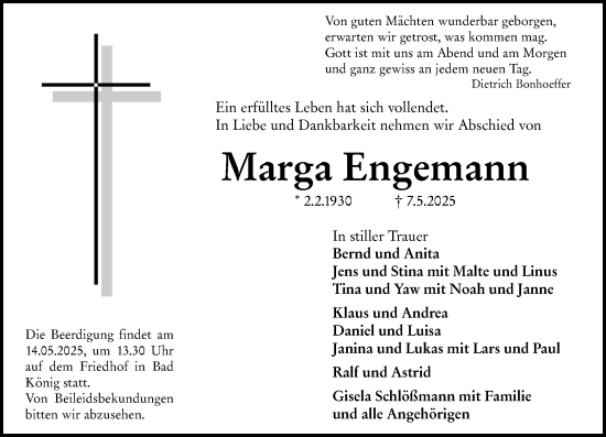 Traueranzeige von Marga Engemann von Odenwälder Echo