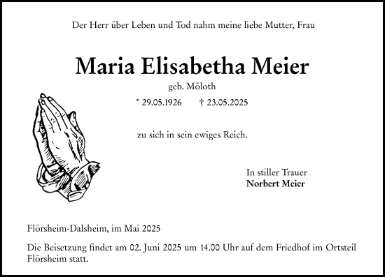 Traueranzeige von Maria Elisabetha Meier von Wormser Zeitung