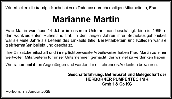 Traueranzeige von Marianne Martin von Dill Block
