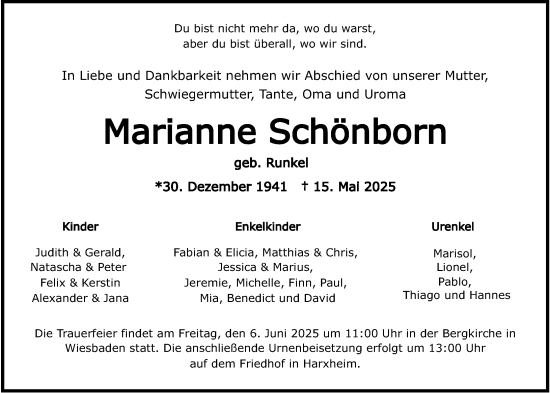 Traueranzeige von Marianne Schönborn von Allgemeine Zeitung Mainz