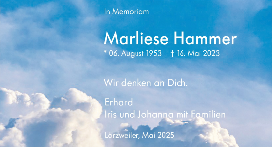 Traueranzeige von Marliese Hammer von Allgemeine Zeitung Mainz