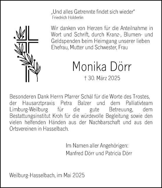 Traueranzeige von Monika Dörr von Weilburger Tageblatt