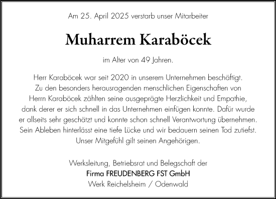 Traueranzeige von Muharrem Karaböcek von Odenwälder Echo
