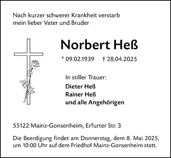 Traueranzeige von Norbert Heß von Allgemeine Zeitung Mainz