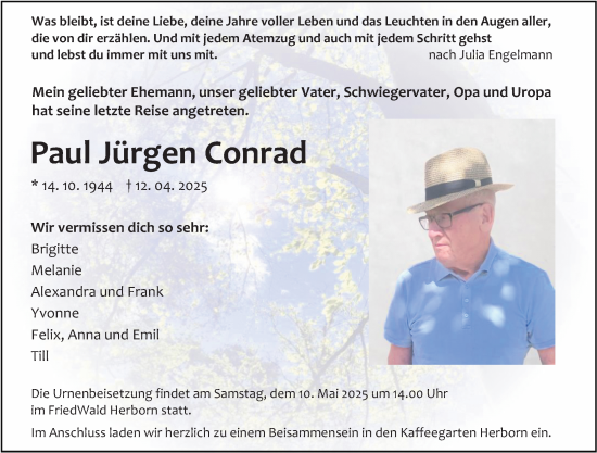 Traueranzeige von Paul Jürgen Conrad von Dill Block