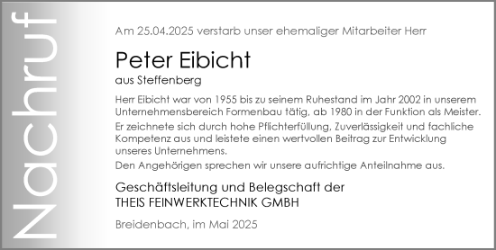 Traueranzeige von Peter Eibicht von Hinterländer Anzeiger