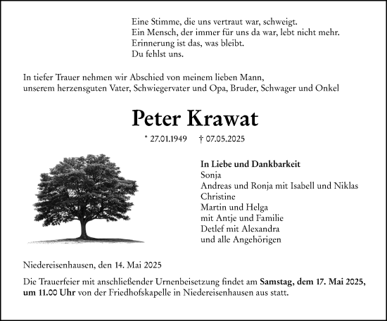 Traueranzeige von Peter Krawat von Hinterländer Anzeiger