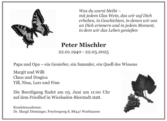 Traueranzeige von Peter Mischler von Wiesbadener Kurier