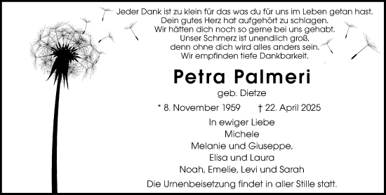 Traueranzeige von Petra Palmeri von Darmstädter Echo