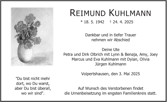 Traueranzeige von Reimund Kuhlmann von Wetzlarer Neue Zeitung