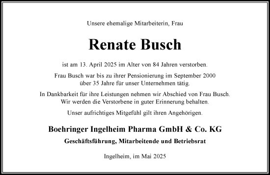 Traueranzeige von Renate Busch von Allgemeine Zeitung Rheinhessen-Nahe