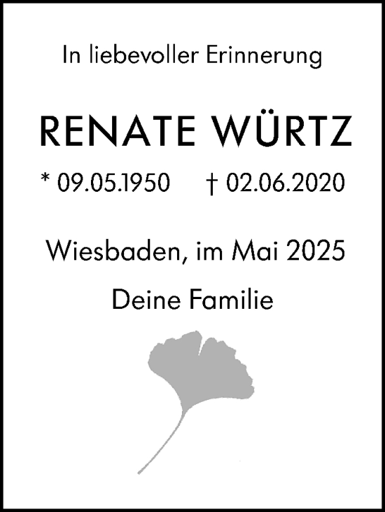 Traueranzeige von Renate Würtz von Wiesbadener Kurier
