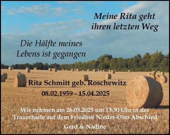 Traueranzeige von Rita Schmitt von Allgemeine Zeitung Mainz