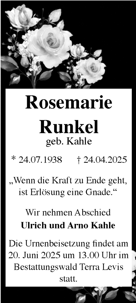 Traueranzeige von Rosemarie Runkel von Wiesbadener Kurier