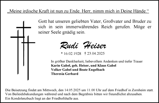Traueranzeige von Rudi Heiser von Allgemeine Zeitung Mainz
