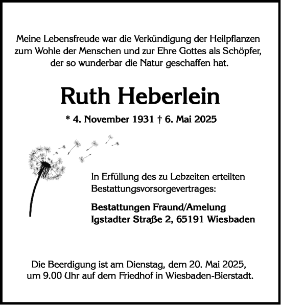 Traueranzeige von Ruth Heberlein von Wiesbadener Kurier