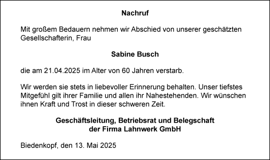Traueranzeige von Sabine Busch von Hinterländer Anzeiger